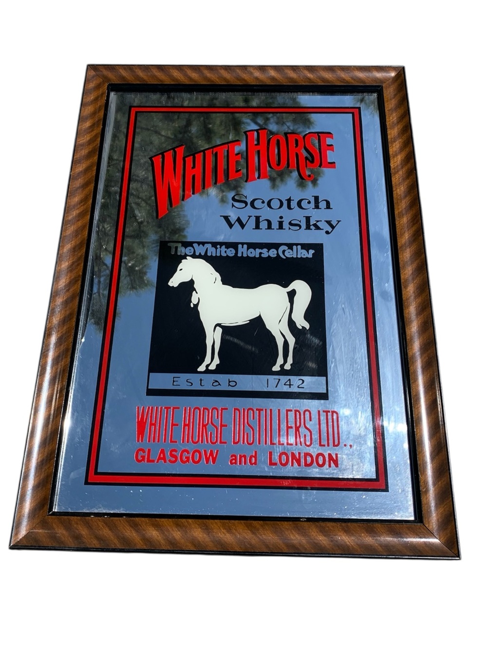 Vintage White Horse Whiskey Pub Bar Mirror Collectable Framed Made In Japan